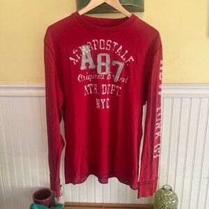 Aeropostale A87 Mens Red Long Sleeve Graphic Tee XL 100% Cotton NYC Ath Dept